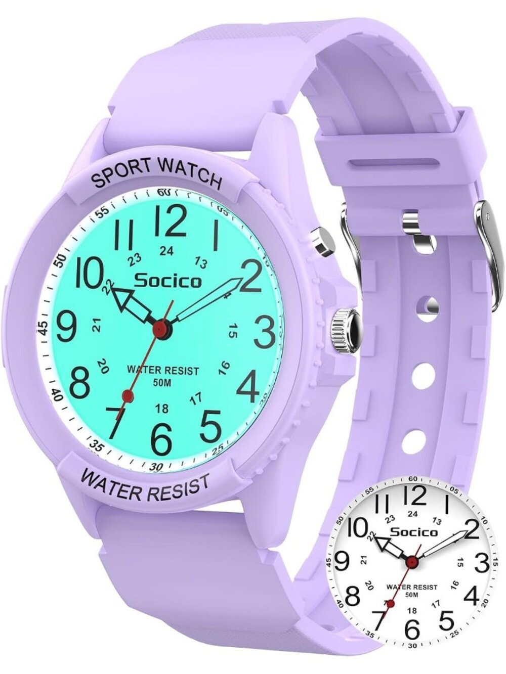 Women's Purple Waterproof Night Light 12/24H Soft Band Easy to Read Wrist Watch